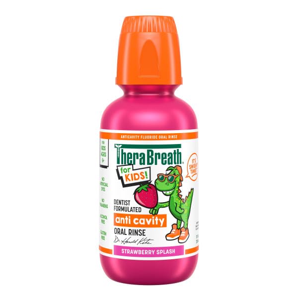 Label art for Strawberry Splash TheraBreath Kids Mouthwash with Fluoride