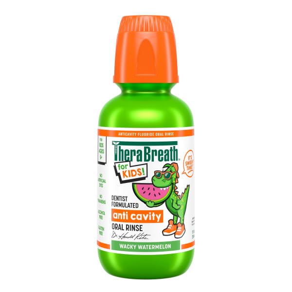 Close-up of TheraBreath Kids Mouthwash Watermelon Splash bottle