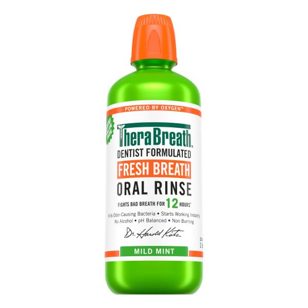 Close-up of TheraBreath mouthwash bottle detailing the label