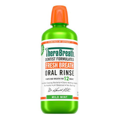 Close-up of TheraBreath mouthwash bottle detailing the label