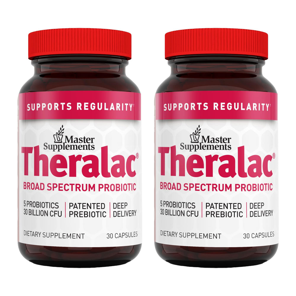 Hero image for Master Supplements Theralac probiotic showing 60 servings in a 2x30 capsule pack, gluten free