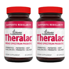 Hero image for Master Supplements Theralac probiotic showing 60 servings in a 2x30 capsule pack, gluten free