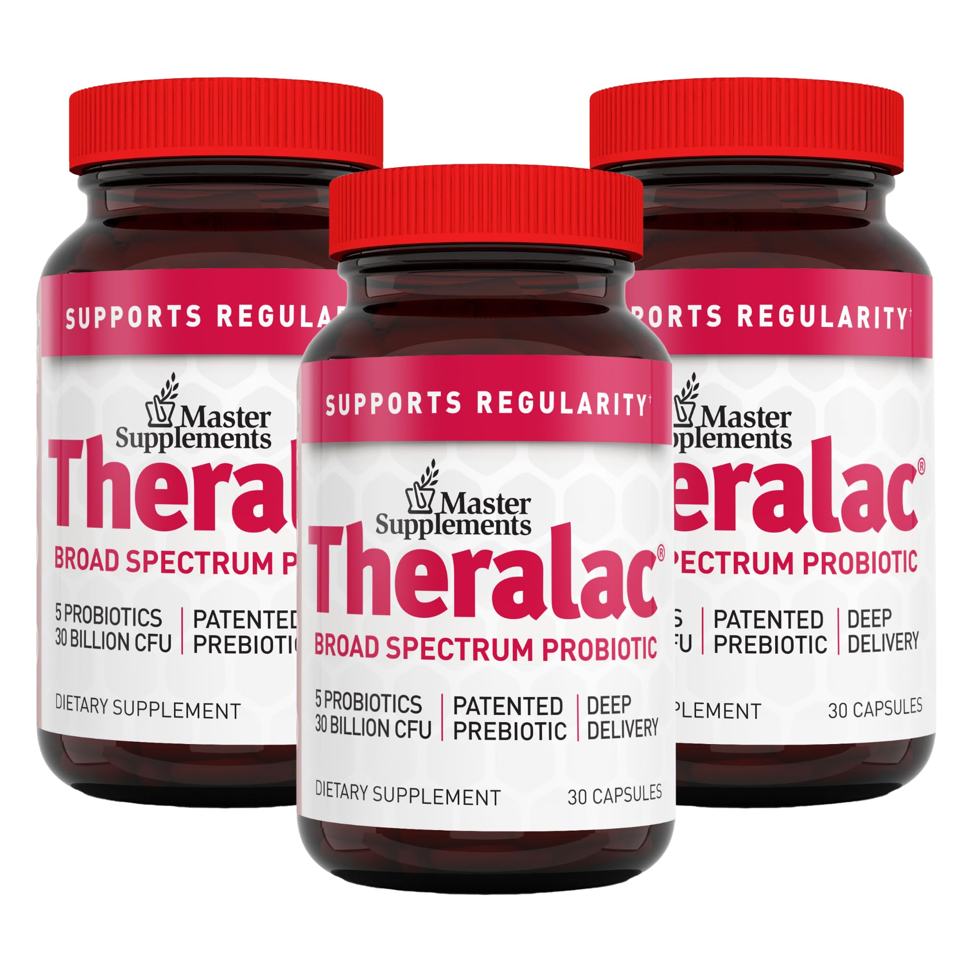Front view of Master Supplements Theralac 30 capsules pack of 3
