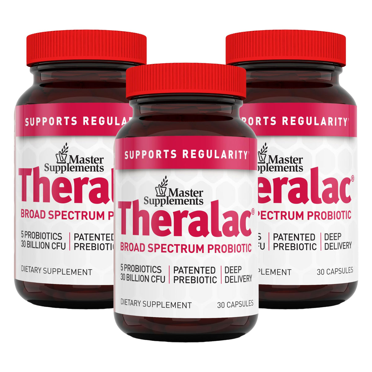 Front view of Master Supplements Theralac 30 capsules pack of 3