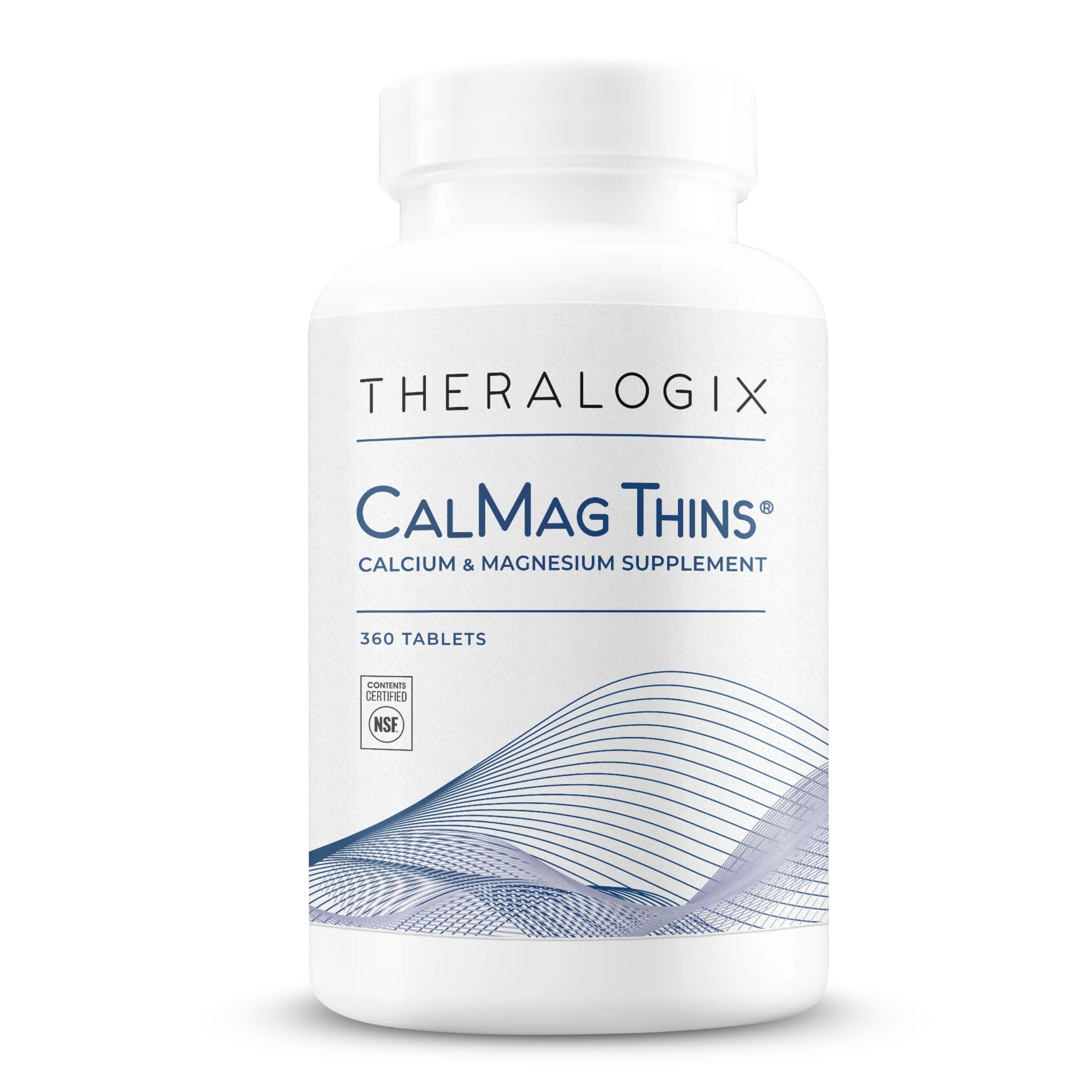 Bottle of Theralogix CalMag Thins 360 tablets showing label