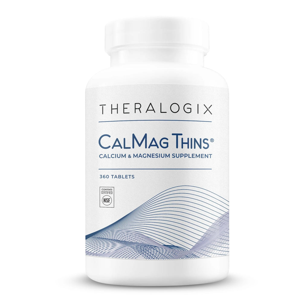 Bottle of Theralogix CalMag Thins 360 tablets showing label