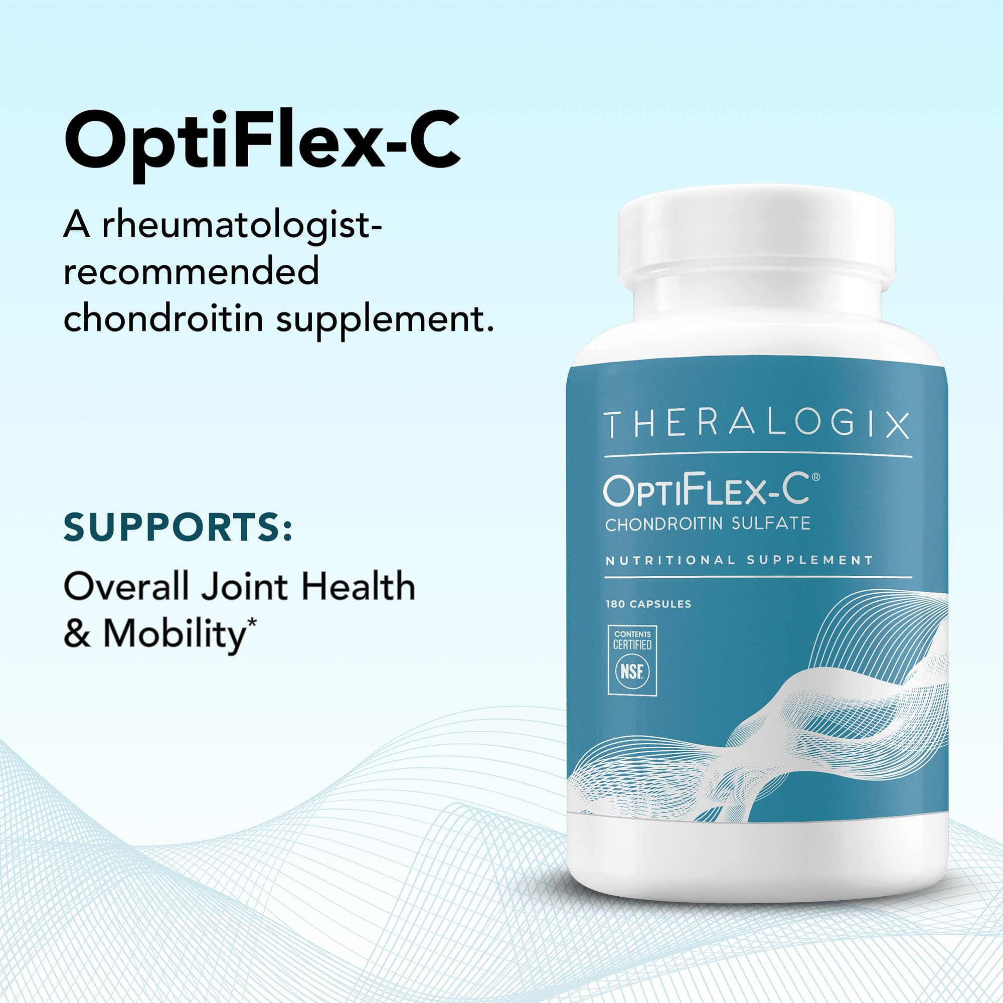 Close-up of OptiFlex-C chondroitin sulfate capsules showing 800 mg CSbioactive