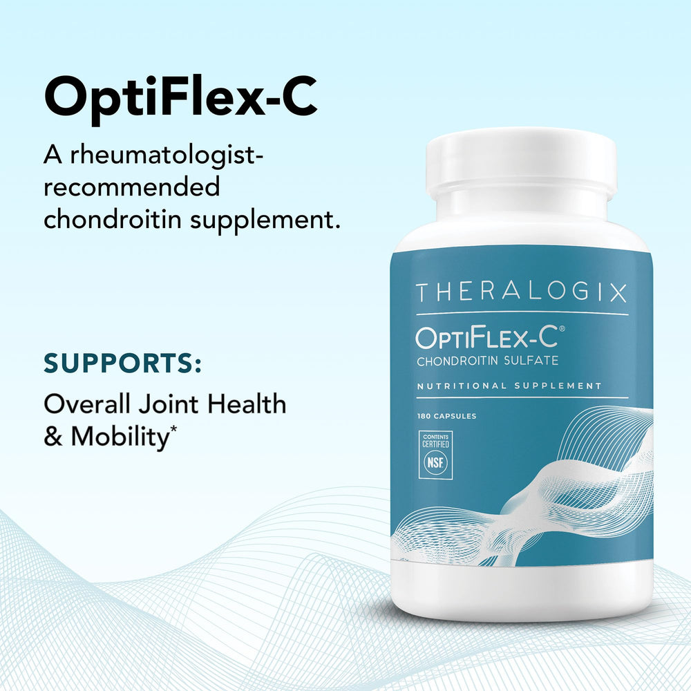 Close-up of OptiFlex-C chondroitin sulfate capsules showing 800 mg CSbioactive