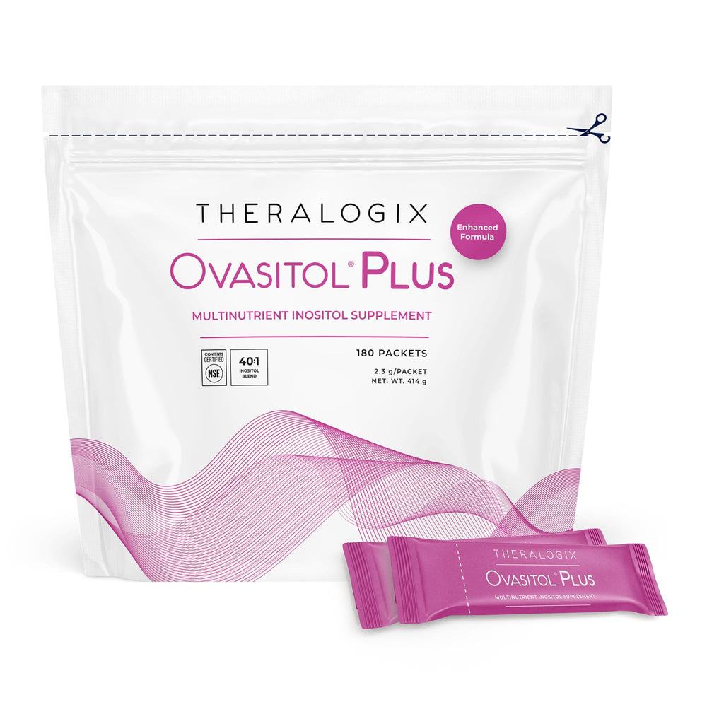 Theralogix Ovasitol Plus front canister showing brand and clean design benefit clarity