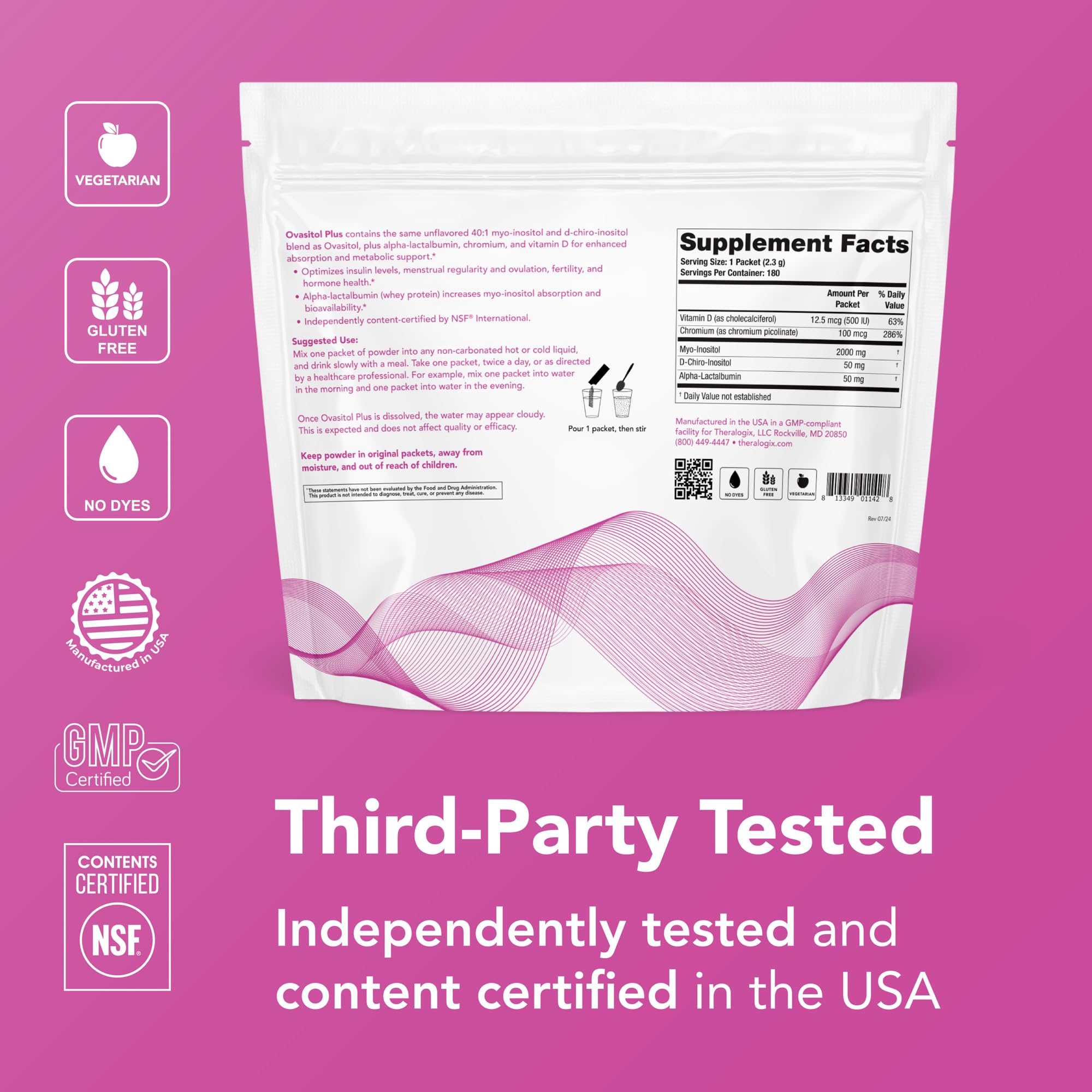Theralogix Ovasitol Plus label closeup with NSF badge highlighting third‑party testing benefit trust