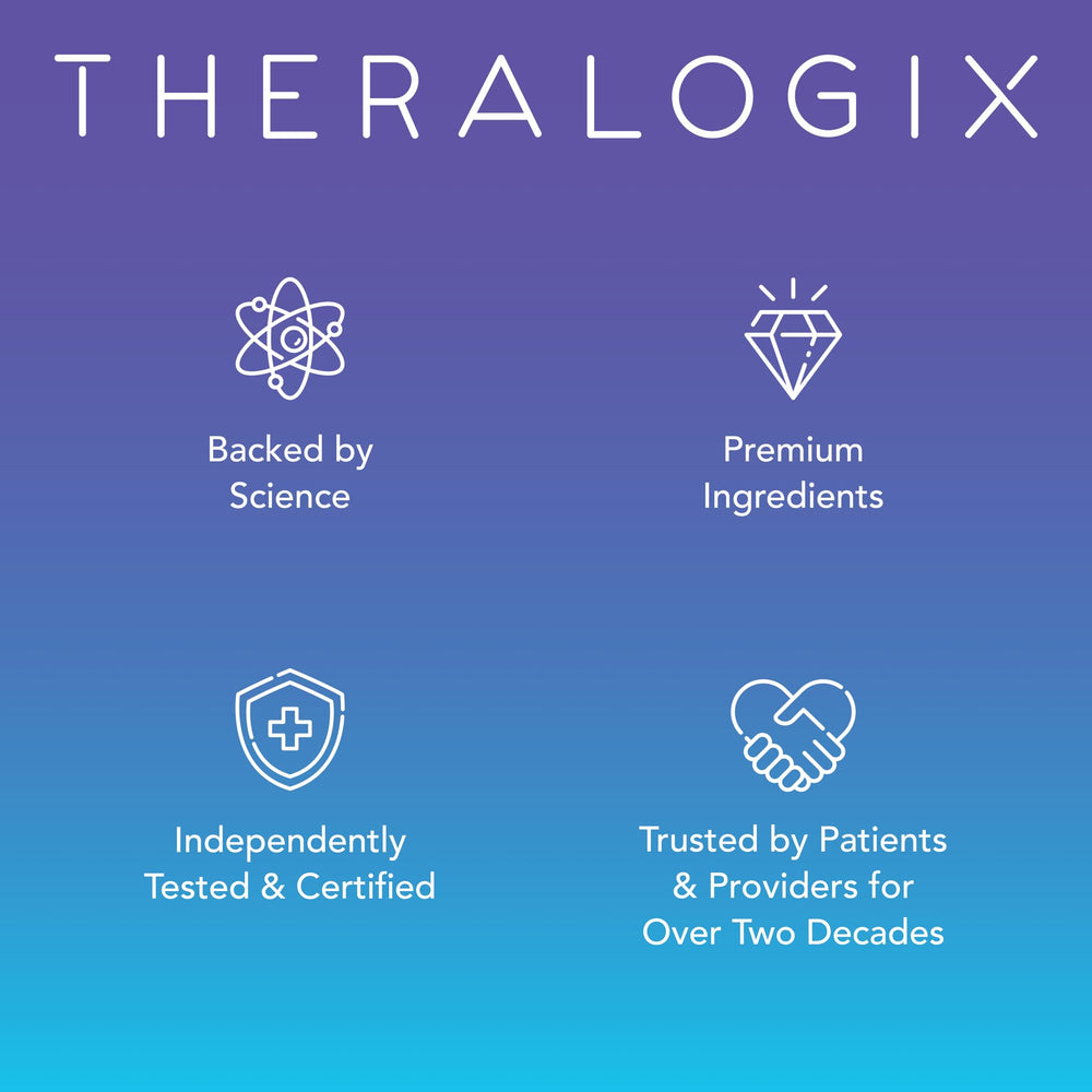 Theralogix Ovasitol Plus beside fruit and measuring spoon showing serving size scale benefit portion guidance