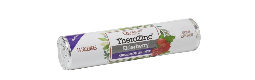 Quantum Health TheraZinc Zinc Lozenges Elderberry Raspberry packaging and lozenges
