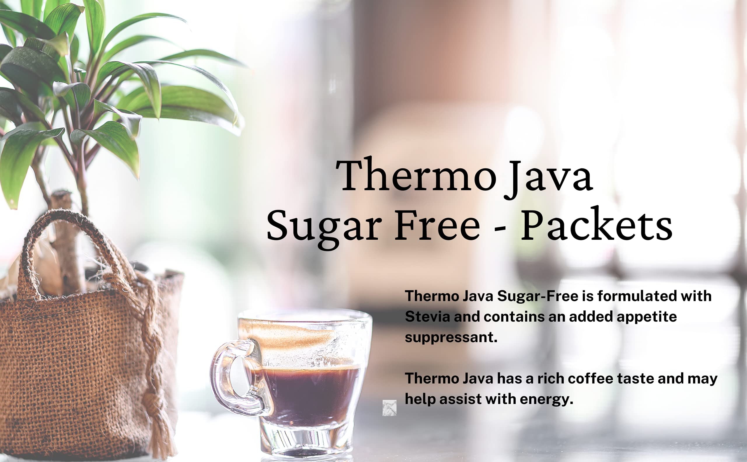 Close-up of Thermo Java Sugar Free packets showing Stevia