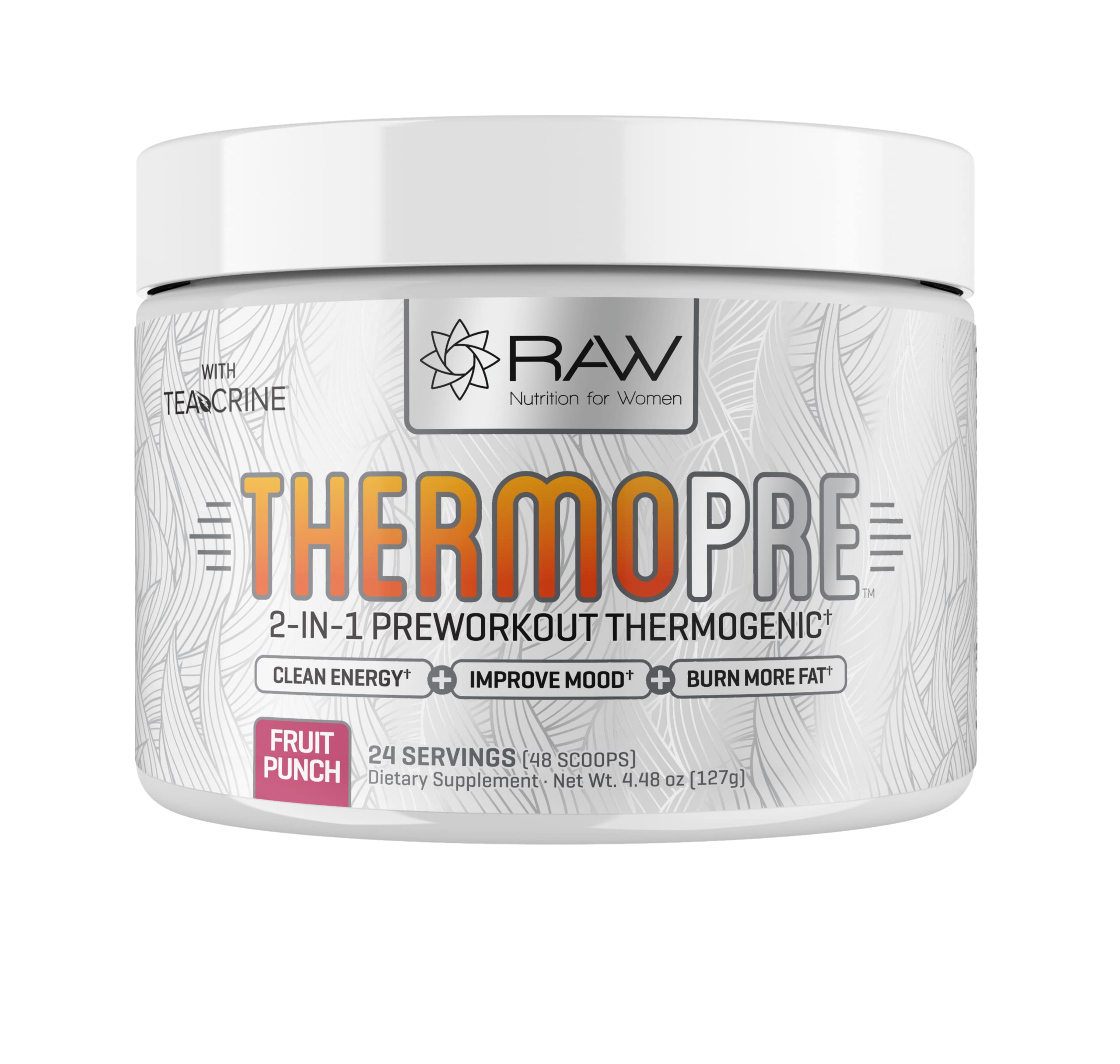 RAW Synergies Thermo Pre Workout powder in fruit punch flavor with scoop