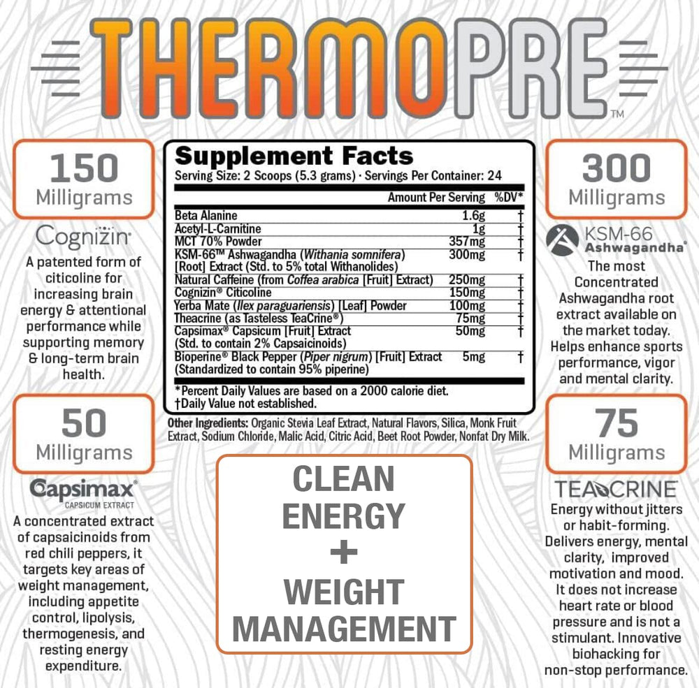 Serving of Thermo Pre Workout powder with glass and fruit punch flavor