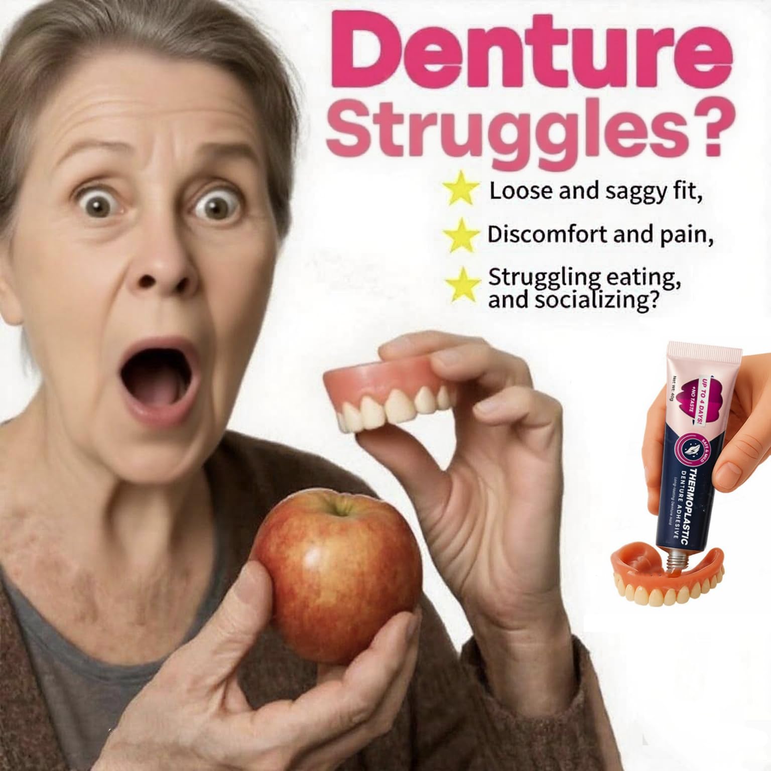 Person smiling with dentures secured by adhesive