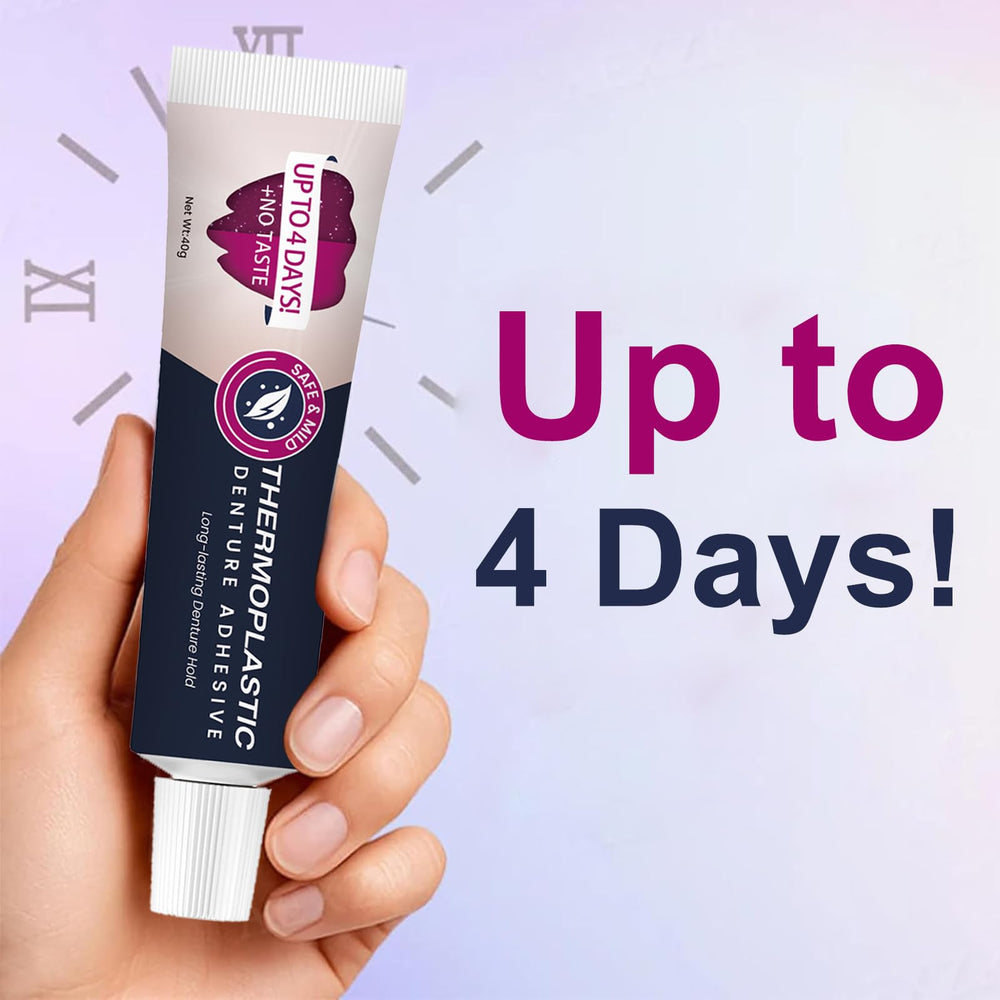 Compact two-piece Thermoplastic Denture Adhesive package for travel and daily use