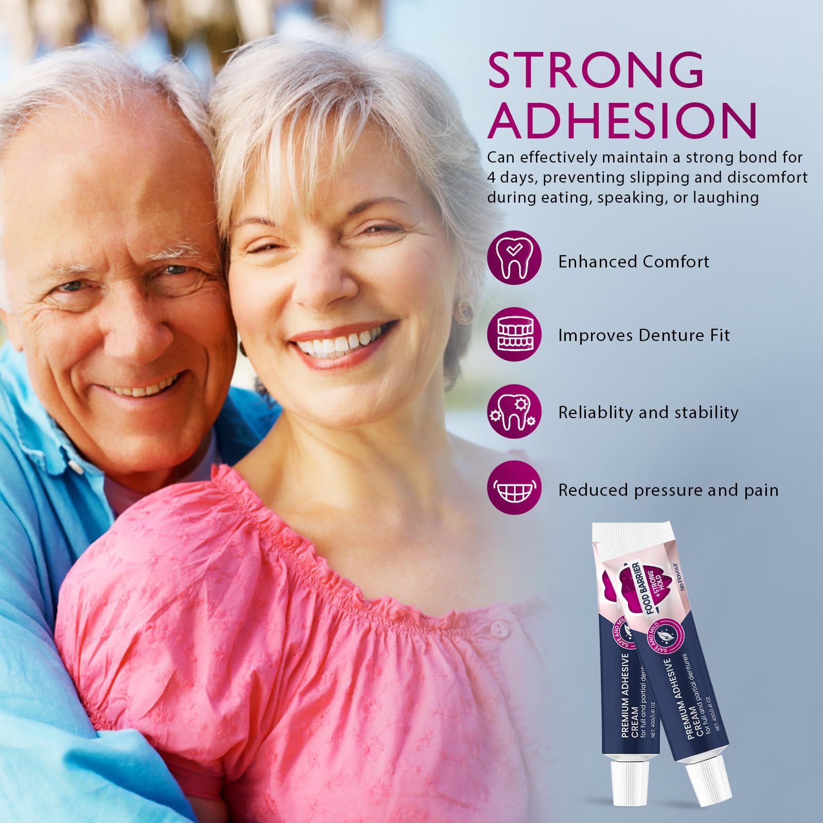 Dentures secured with long-lasting hold
