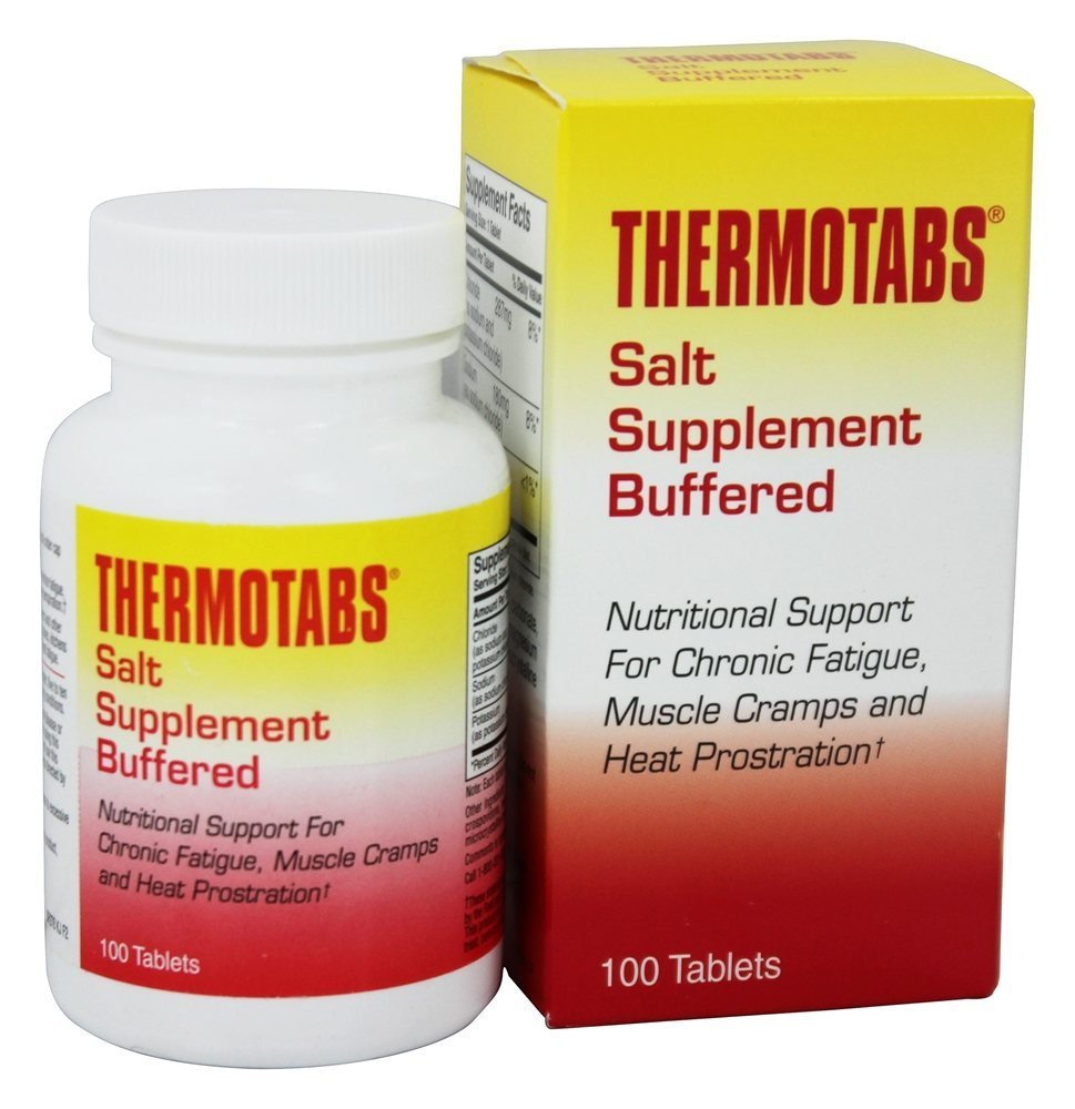 Thermotabs salt supplement packaging shows 100 tablets for on-the-go hydration and fatigue support.