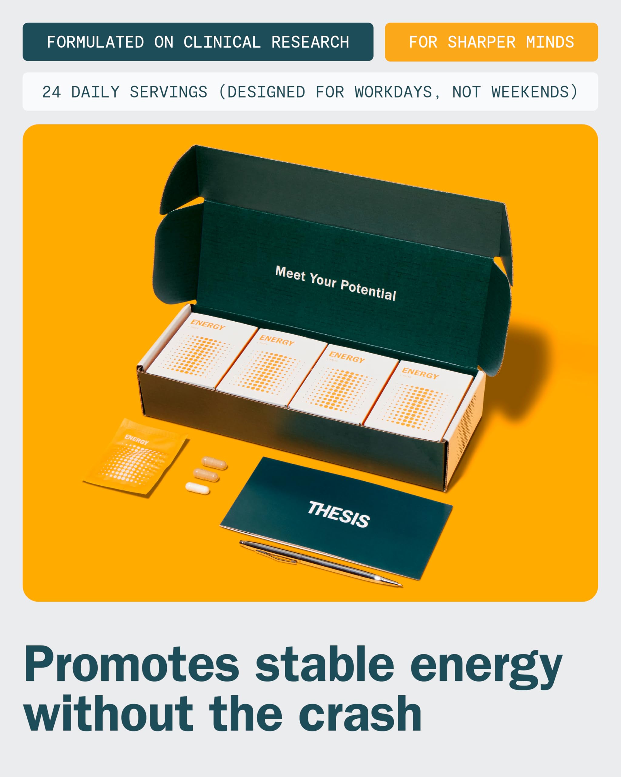 THESIS Energy capsules-closeup showing compact nootropic capsules for on-the-go support.