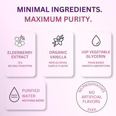 Ingredients list showing elderberry extract vanilla glycerin and water