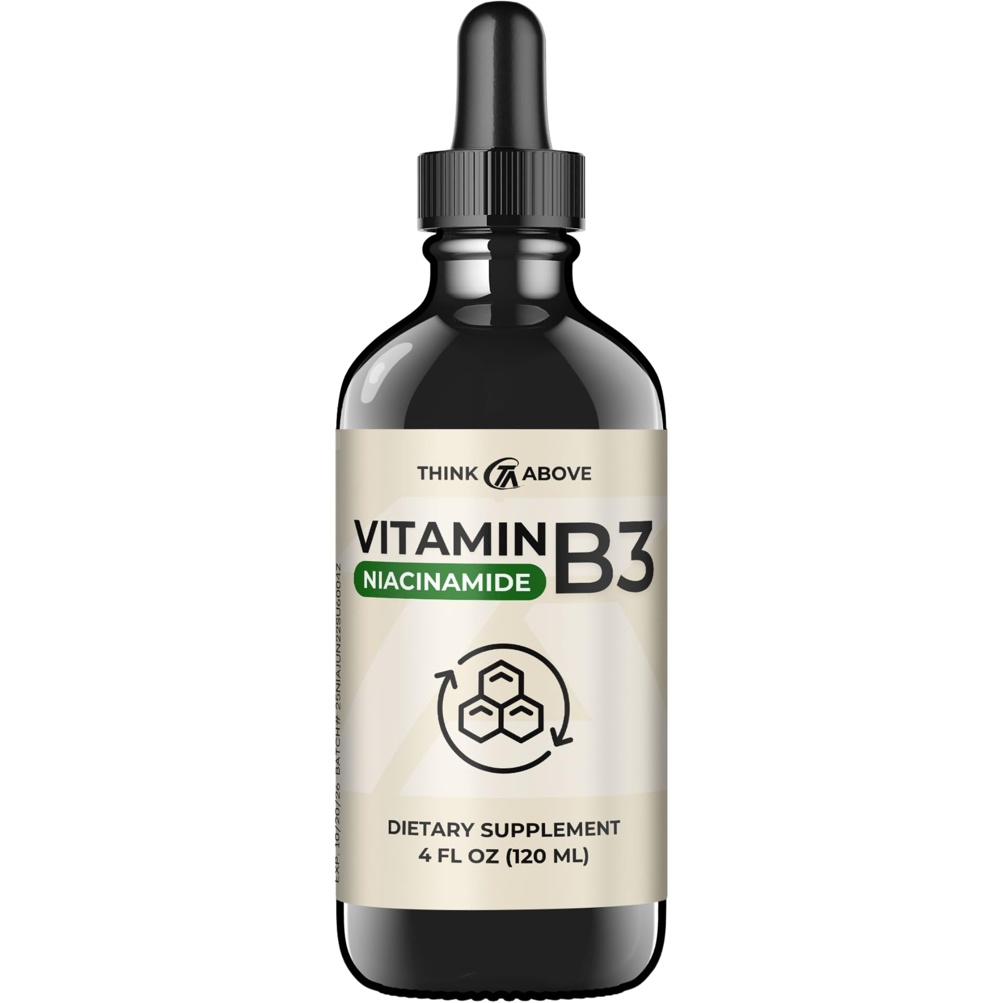 Front view of Think Above Niacinamide liquid vitamin B3 drops bottle with vanilla flavor