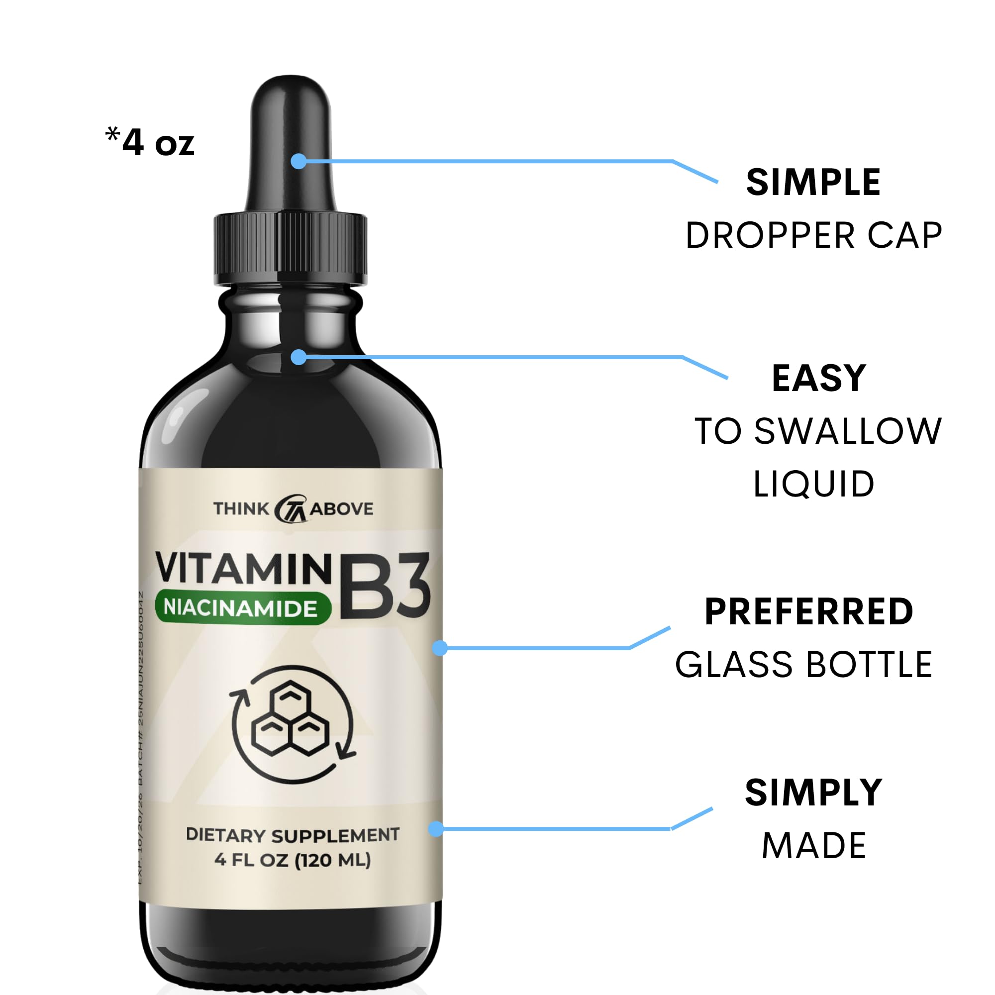 Side view of 4 oz Think Above Niacinamide liquid bottle