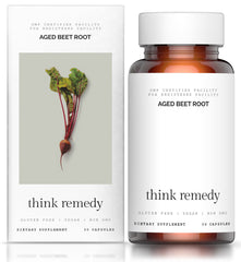 Think Remedy aged beet root capsules bottle highlighting stamina-support potential and organic ingredients.