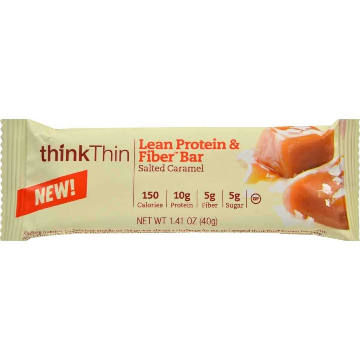 Think Thin salted caramel protein bar image showcases a convenient high-protein snack for on-the-go energy.