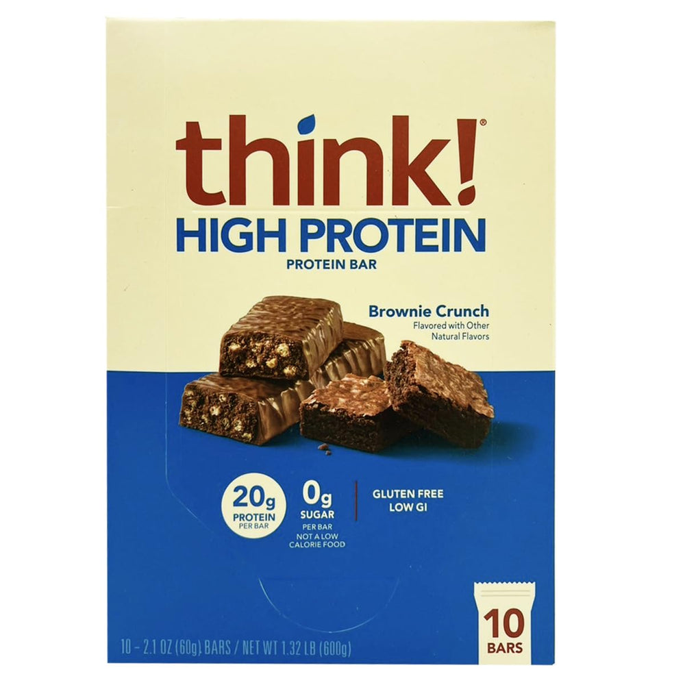 ThinkThin Bar Brownie Crunch packaging shows a protein snack with no sugar for on-the-go fueling.