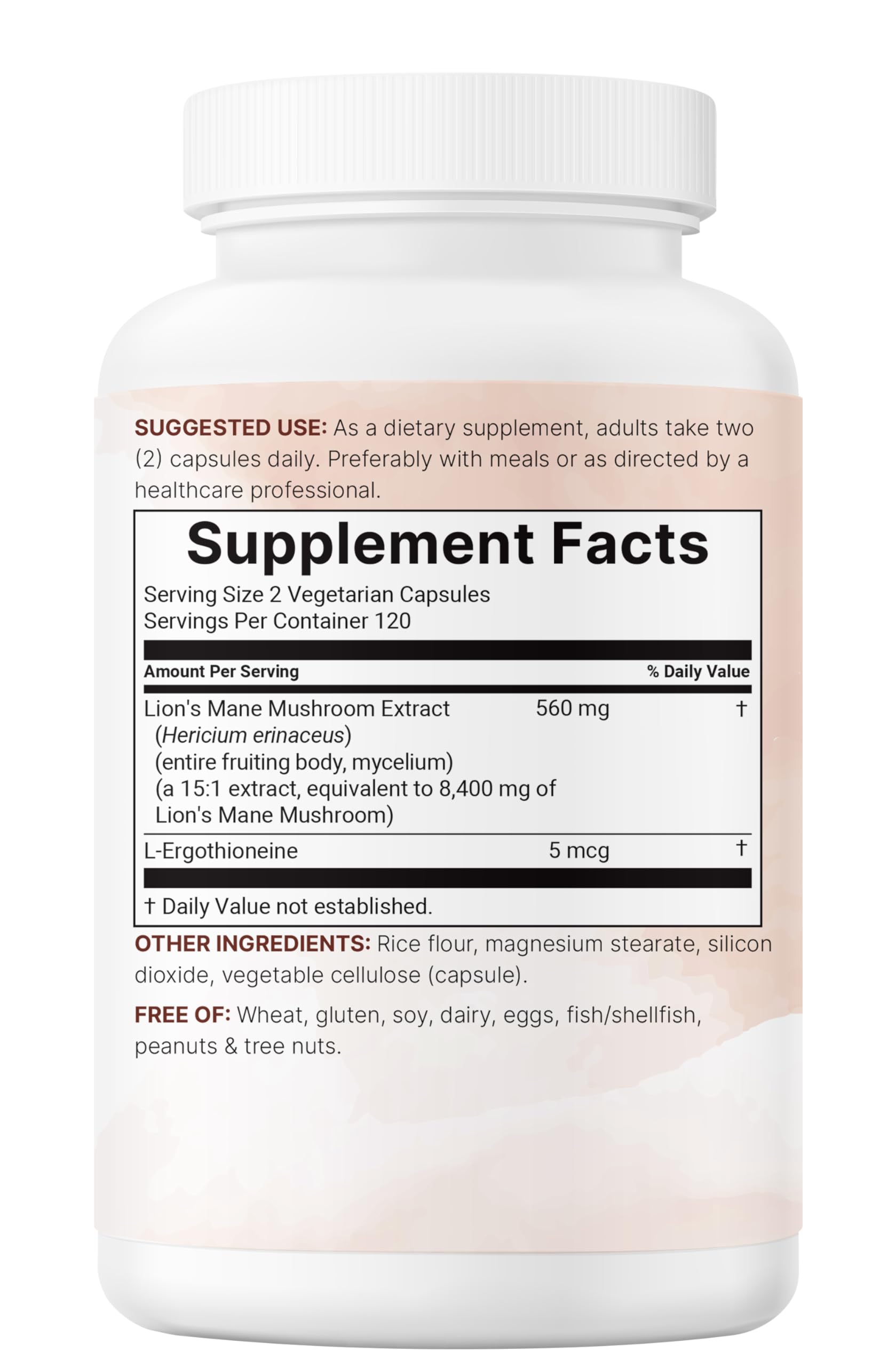 Label indicating third-party lab tested Lion's Mane supplement.