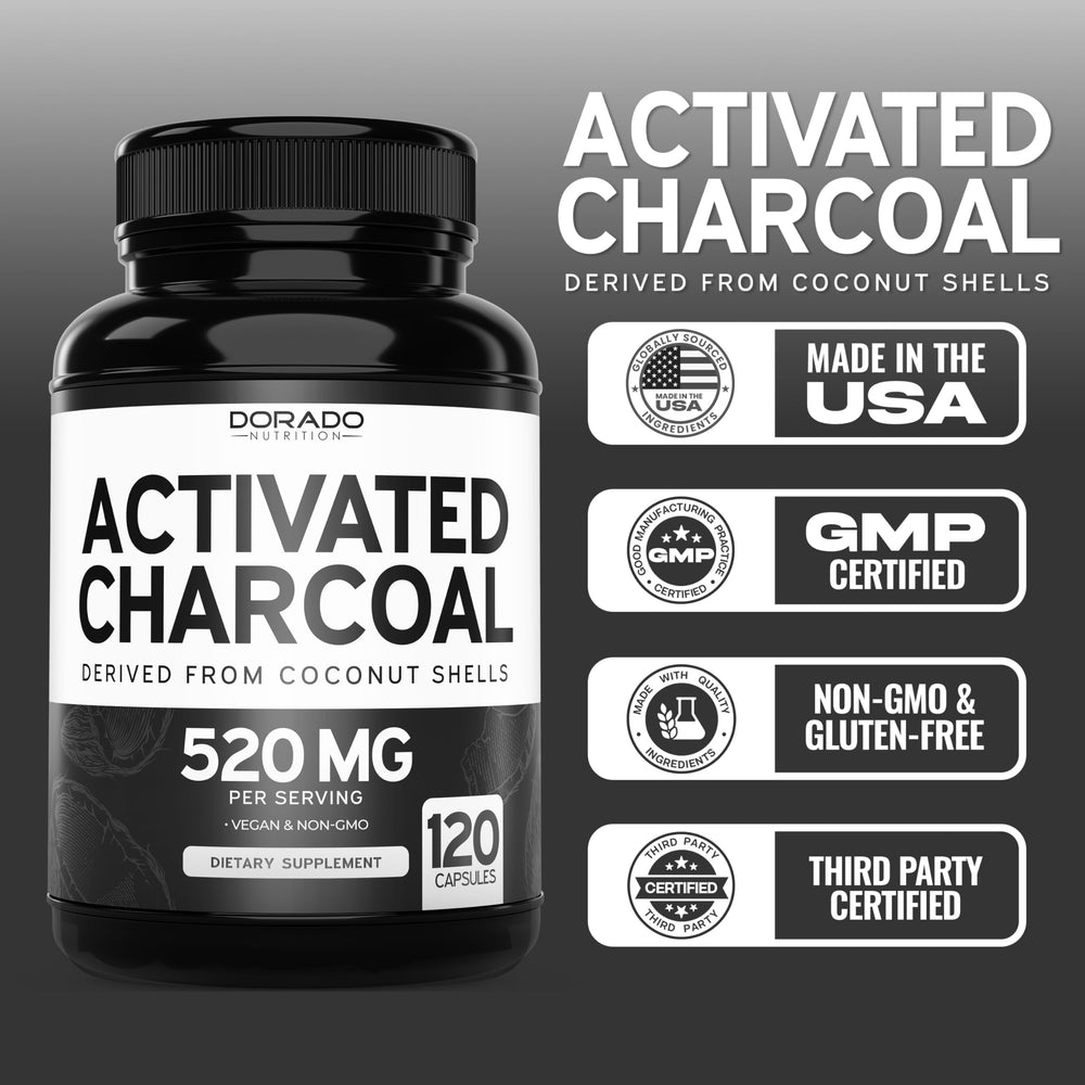 Third-party tested activated charcoal supplement label and packaging