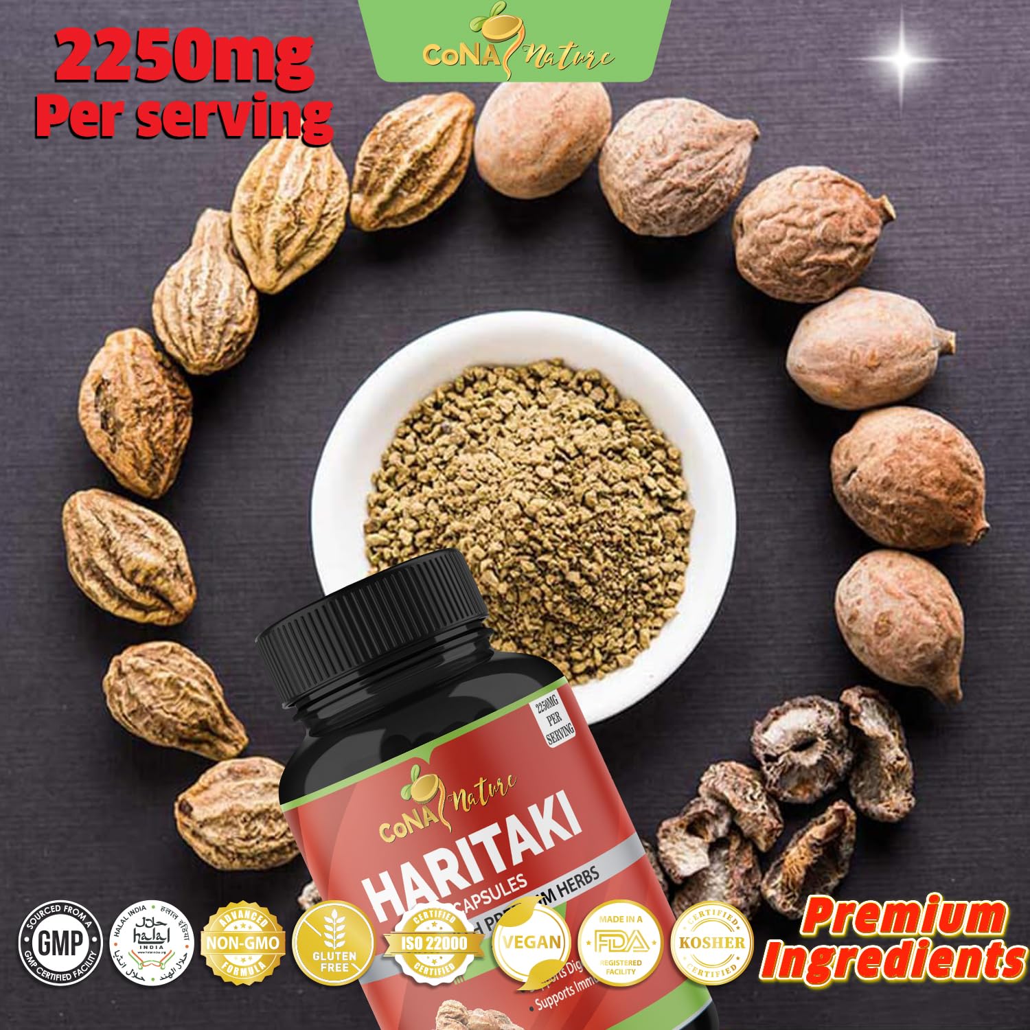 Third-party testing badge for Haritaki capsules