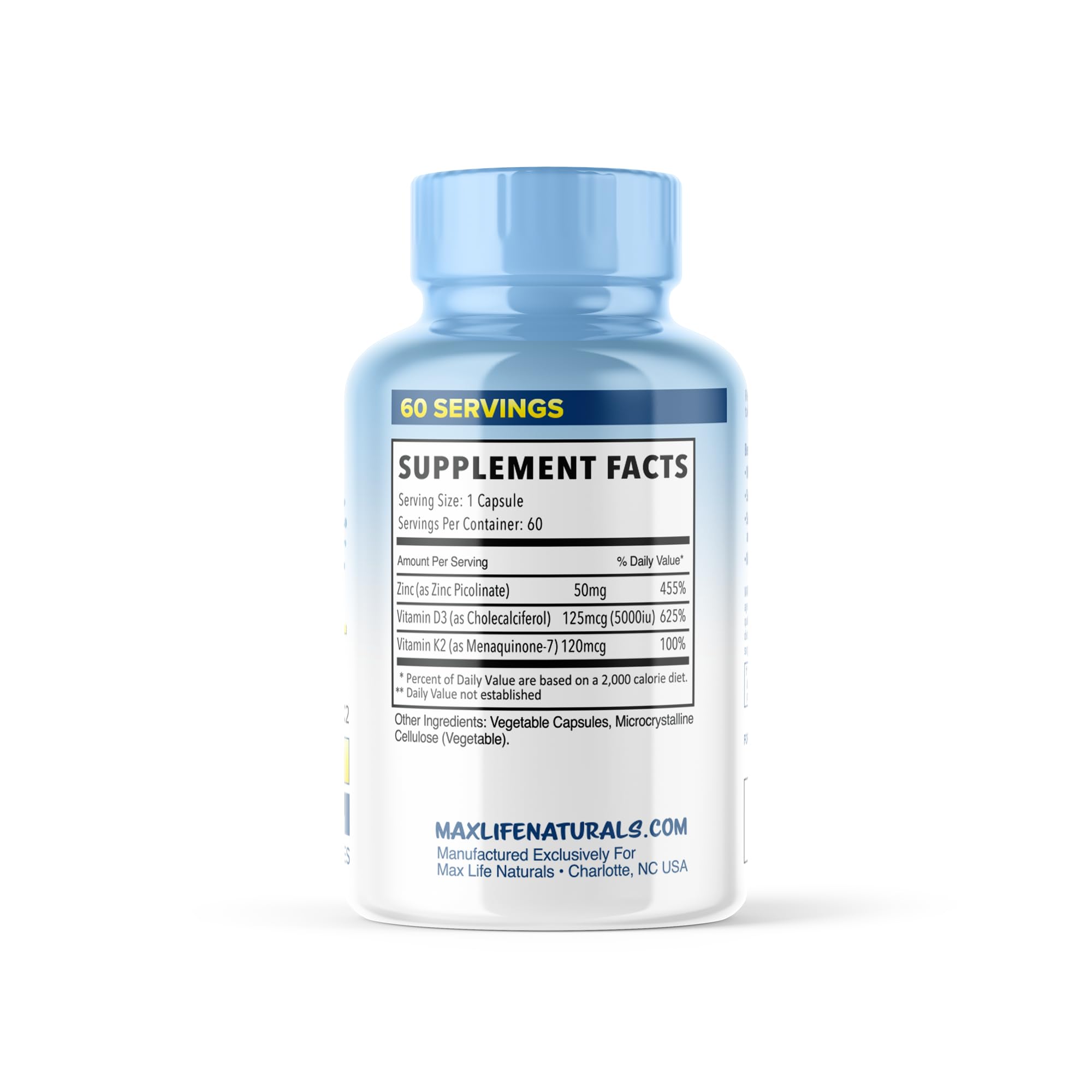 Third-party tested zinc with D3 and K2 capsules