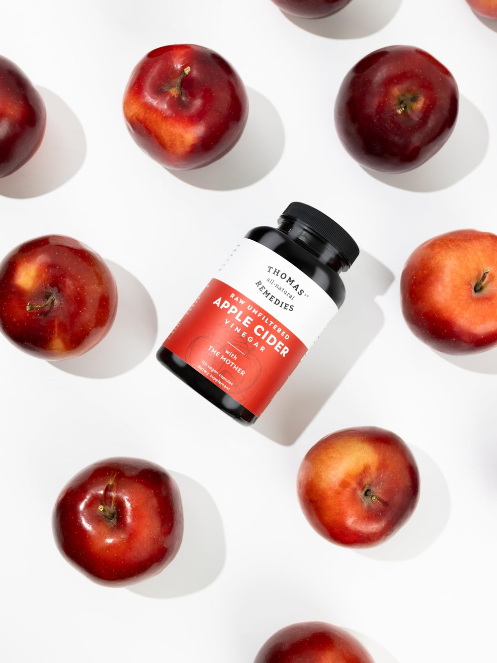 Thomas' all-natural Remedies ACV capsules in raw, unfiltered form for digestive support.