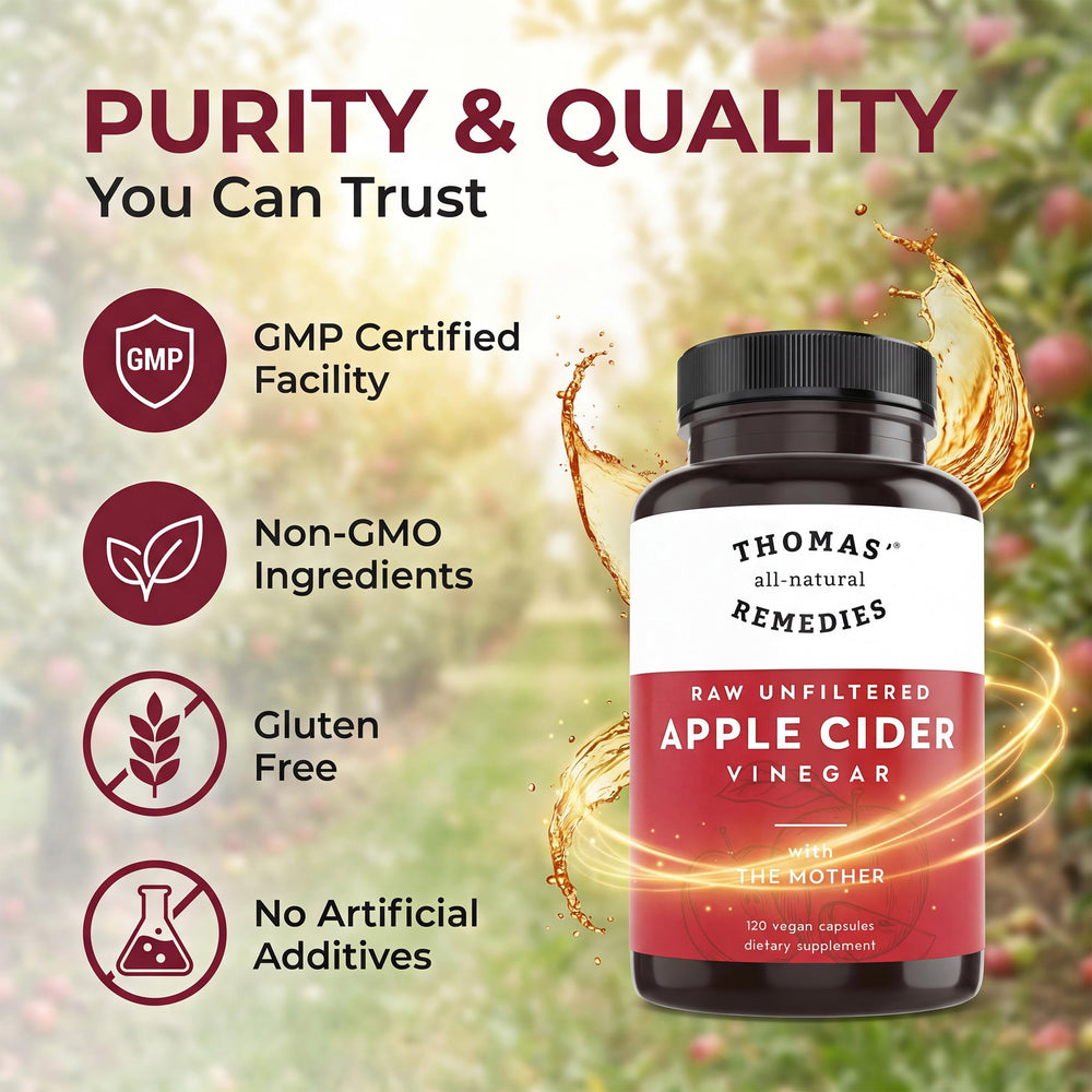 Pouring Thomas' apple cider vinegar bottle highlights an easy wellness routine.