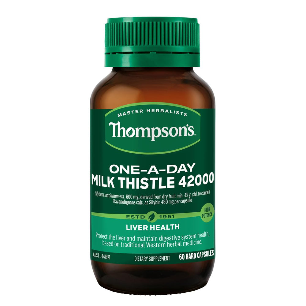Lifestyle shot of Thompsons Milk Thistle bottle on a shelf