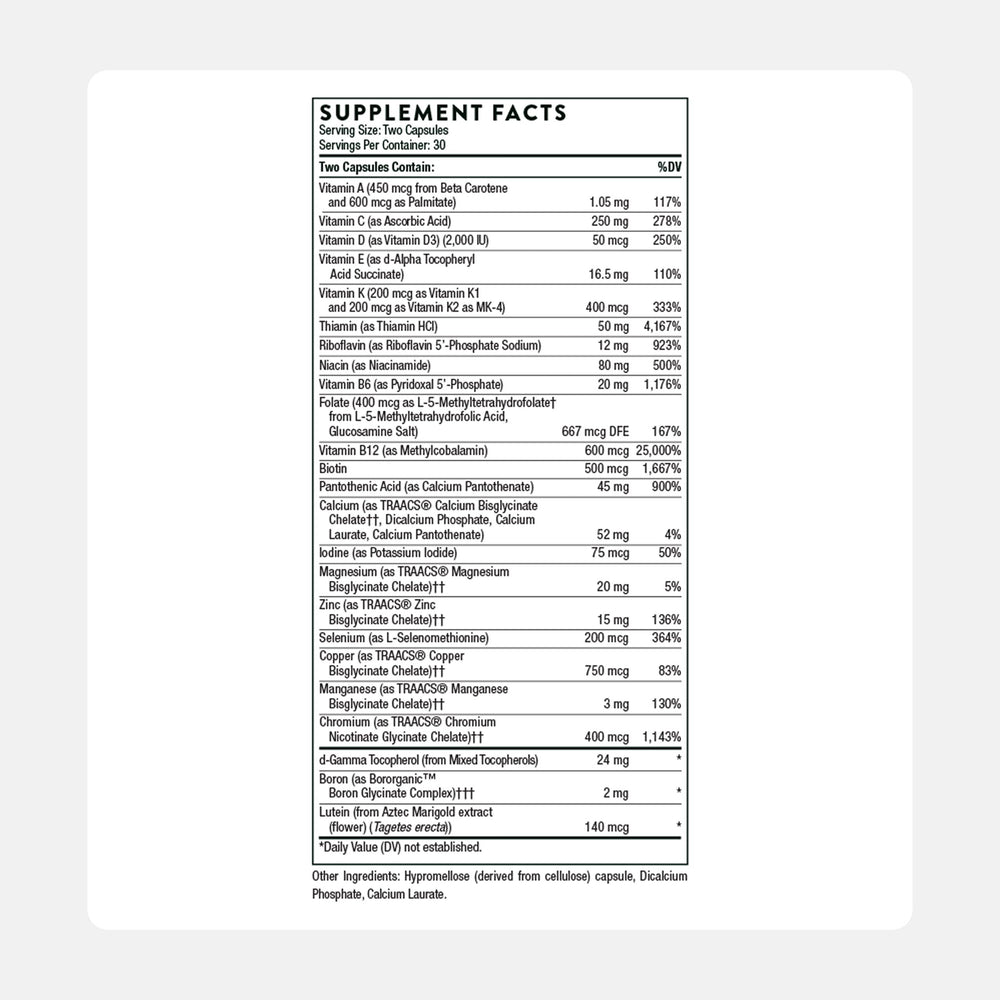 Back view of Thorne Basic Nutrients 2/Day bottle showing supplement facts