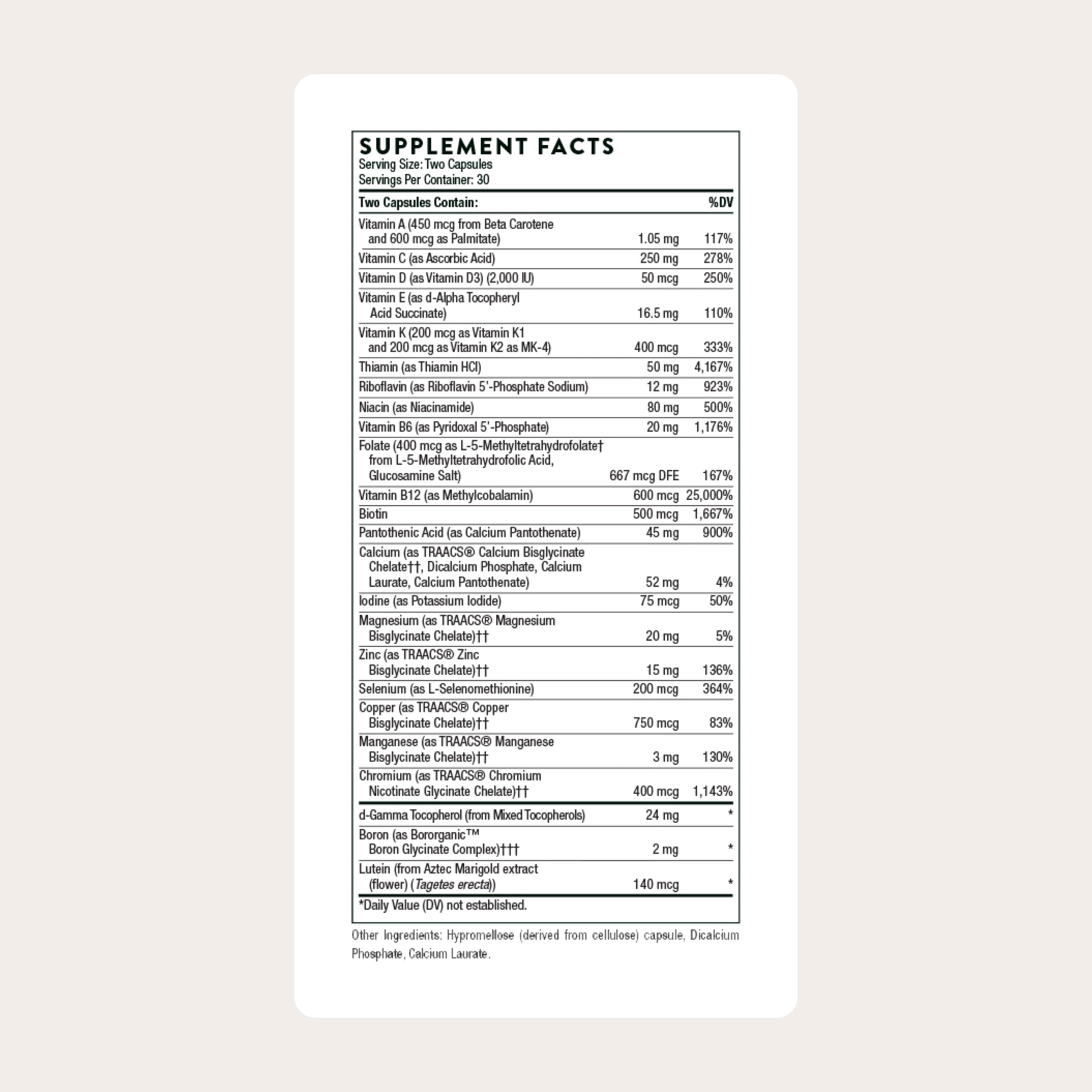 THORNE Basic Nutrients 2/Day bottle label highlights gluten-, dairy-, soy-free formula.