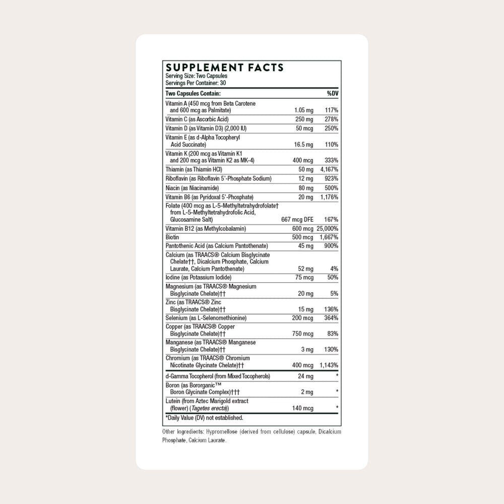 THORNE Basic Nutrients 2/Day bottle label highlights gluten-, dairy-, soy-free formula.