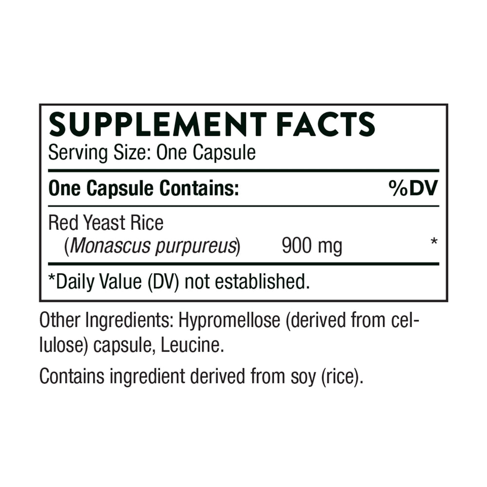 Ingredient panel of THORNE Choleast-900 Red Yeast Rice Extract