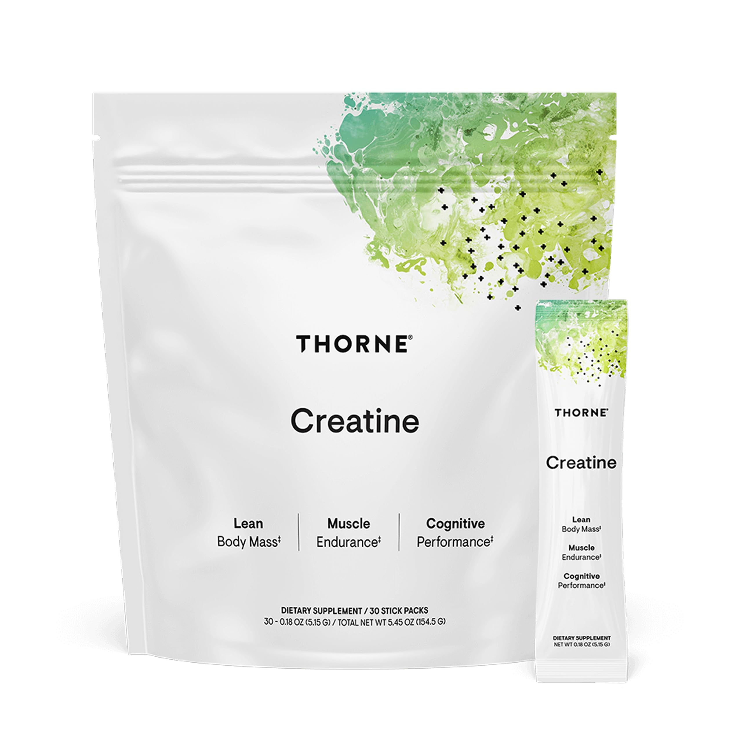 THORNE Creatine micronized powder bottle shows neutral color and clear packaging for easy mixing