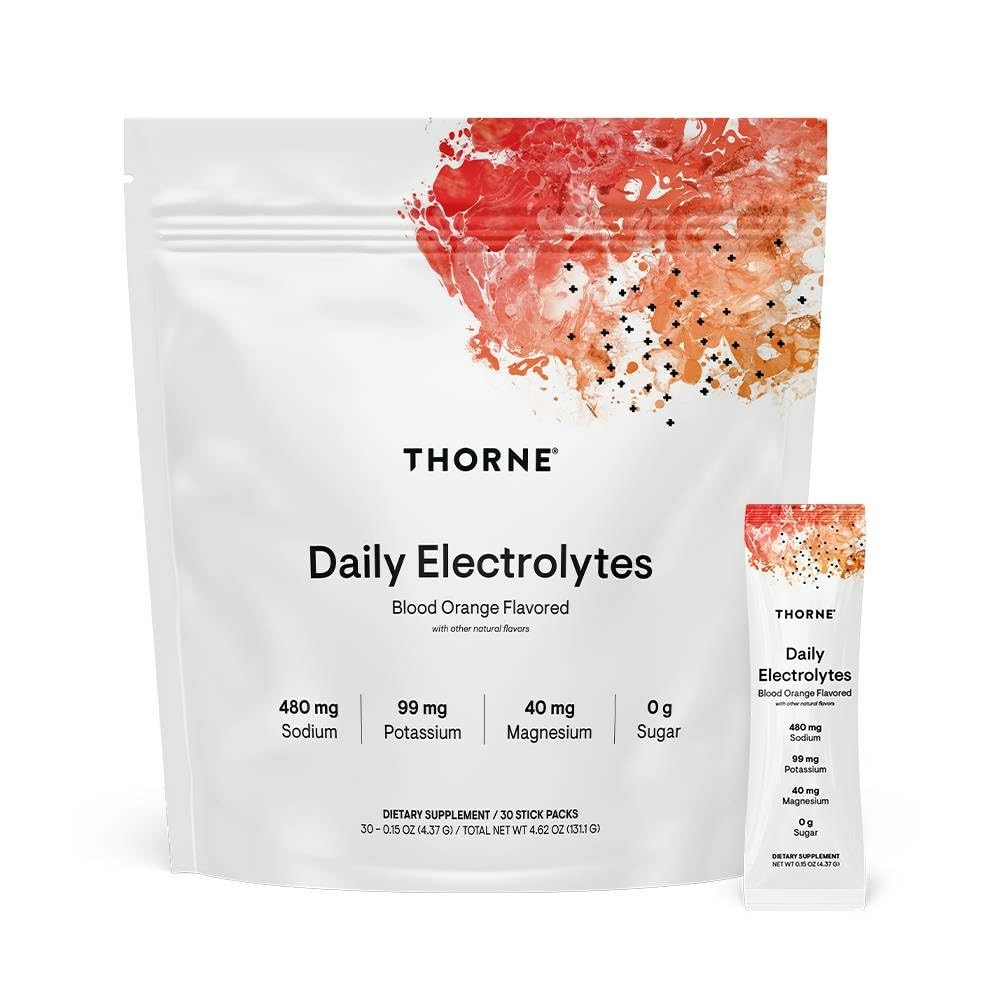 Front view of Thorne Daily Electrolytes Blood Orange 30-stick pack