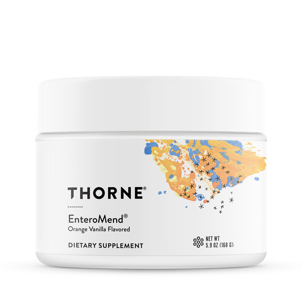 THORNE EnteroMend bottle with orange vanilla flavor label