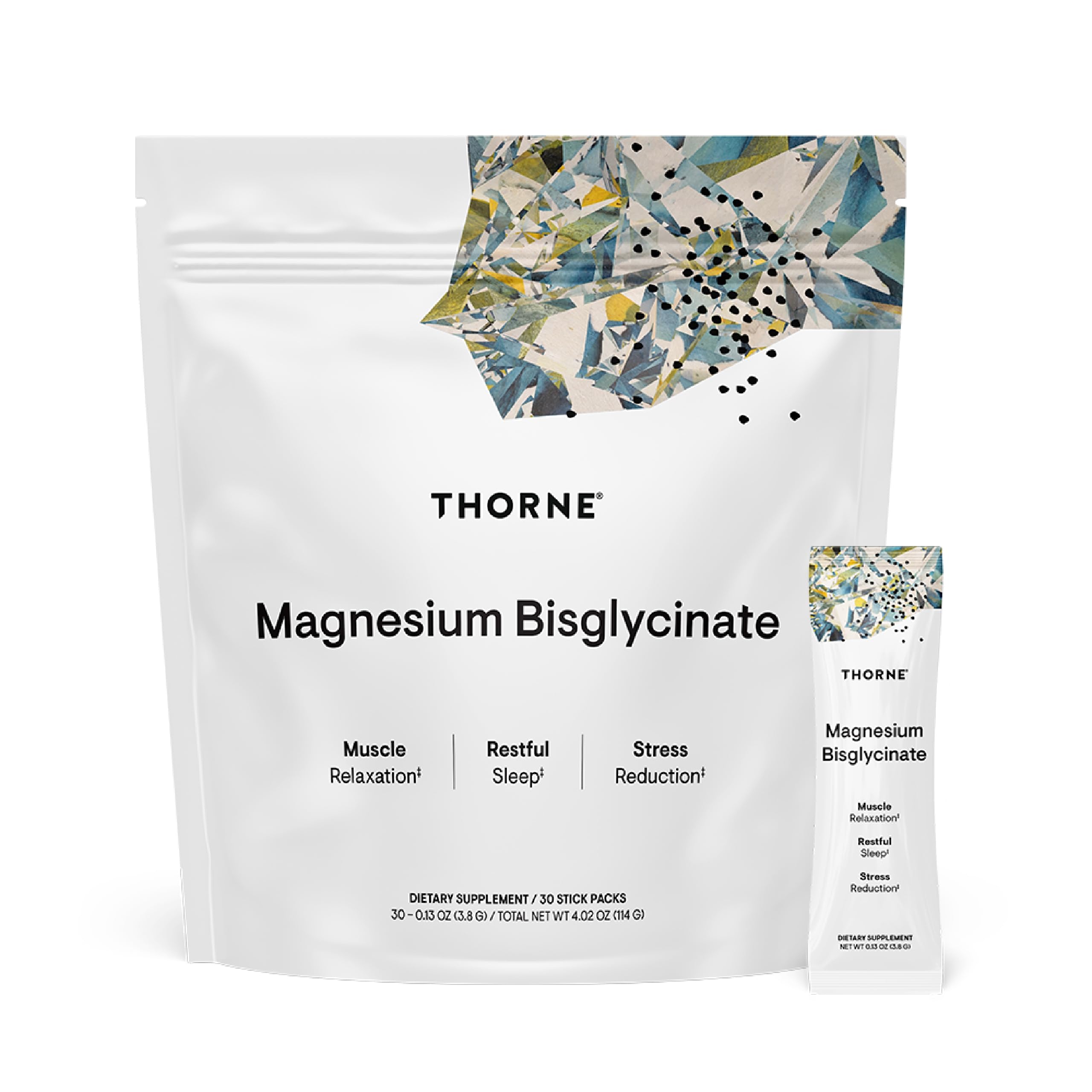 Front view of THORNE Magnesium Bisglycinate stick-pack with label