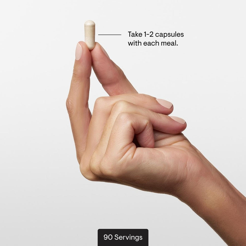 THORNE Multi Enzyme serving size graphic; two-capsule serving suggested.
