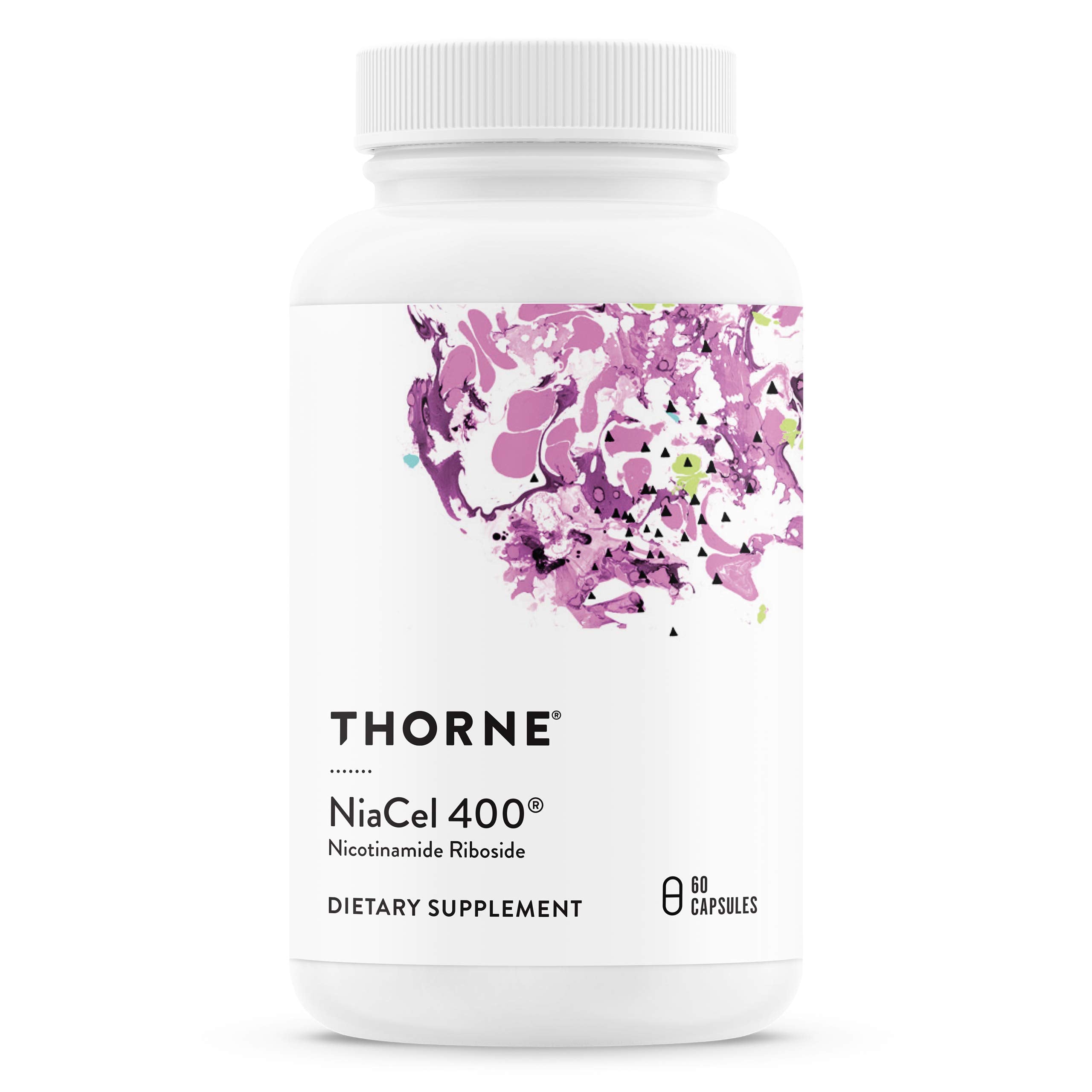 THORNE NiaCel 400 NAD supplement bottle with label