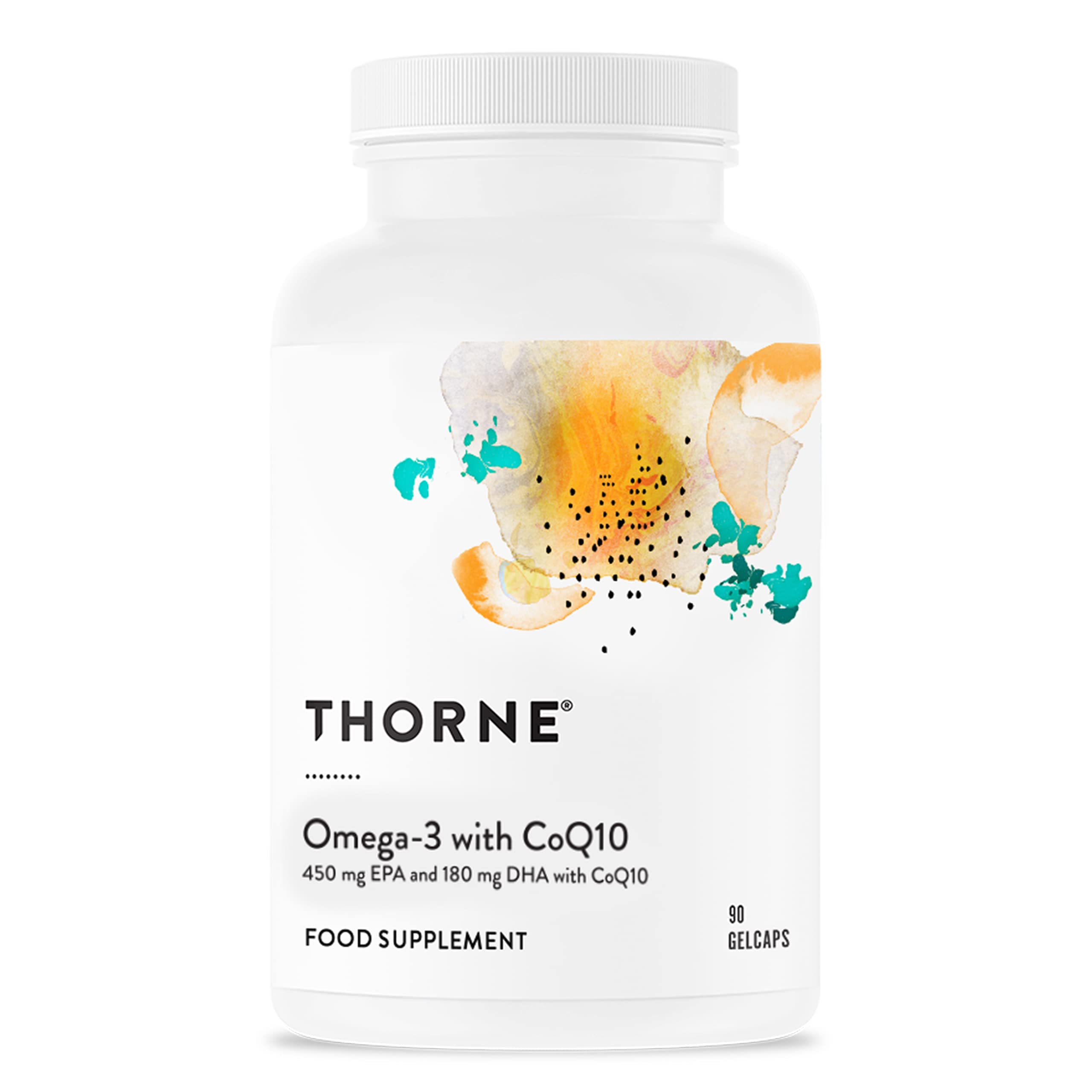 Thorne Omega-3 with CoQ10 bottle - 90 gelcaps, EPA and DHA