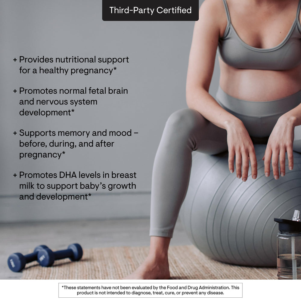 Thorne Prenatal DHA bottle with clear nutrition panel and ingredients.