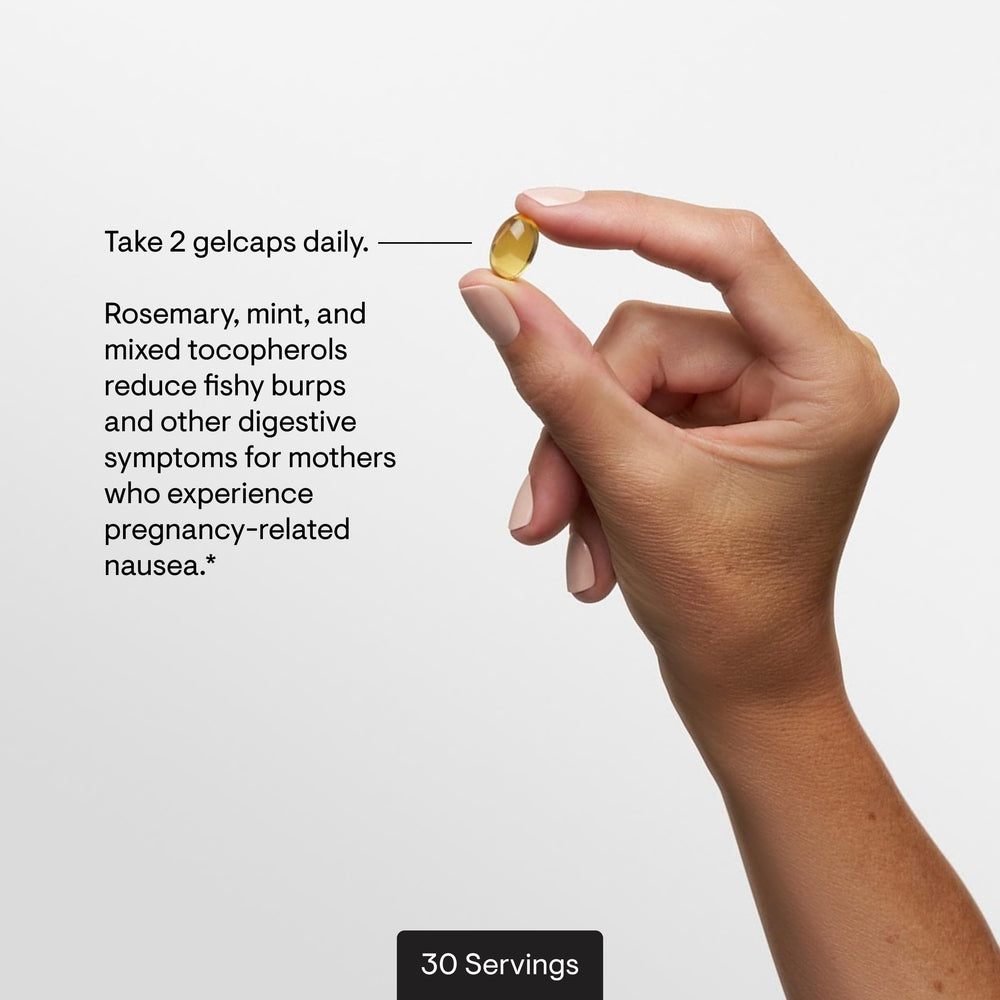 Thorne Prenatal DHA consumer taking daily gelcaps in morning routine.